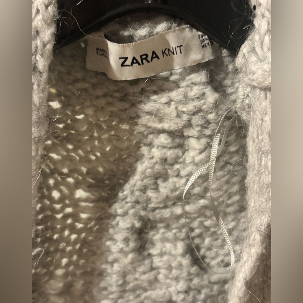 Zara Light Gray Open-Front Cable Knit Cardigan with Pockets size S - Picture 3 of 8